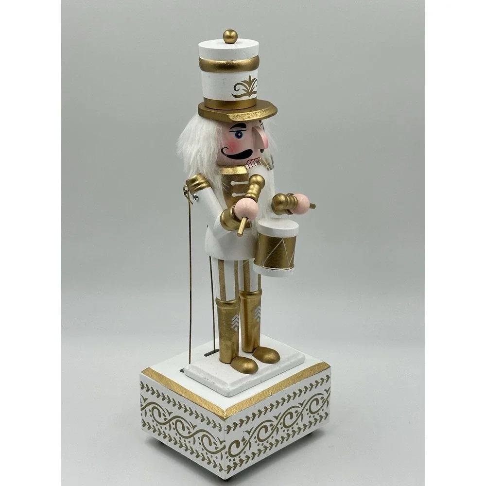 Musical Nutcracker Drummer 14in Gold White Christmas Decor